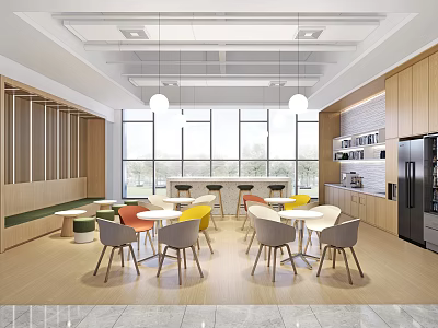 Modern Open Break Room Interior With Large Windows Hanging Lights White Tables And Wooden Cabinets 3d model