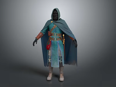 Game And Movie Fantasy Character Wearing Green Robe Blue Cloak Brown Belt And Red Pouch 3d model