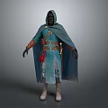 Game And Movie Fantasy Character Wearing Green Robe Blue Cloak Brown Belt And Red Pouch