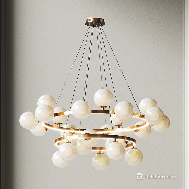 Elegant Modern Chandelier With White Spherical Shades And Gold Circular Frames 3d model 