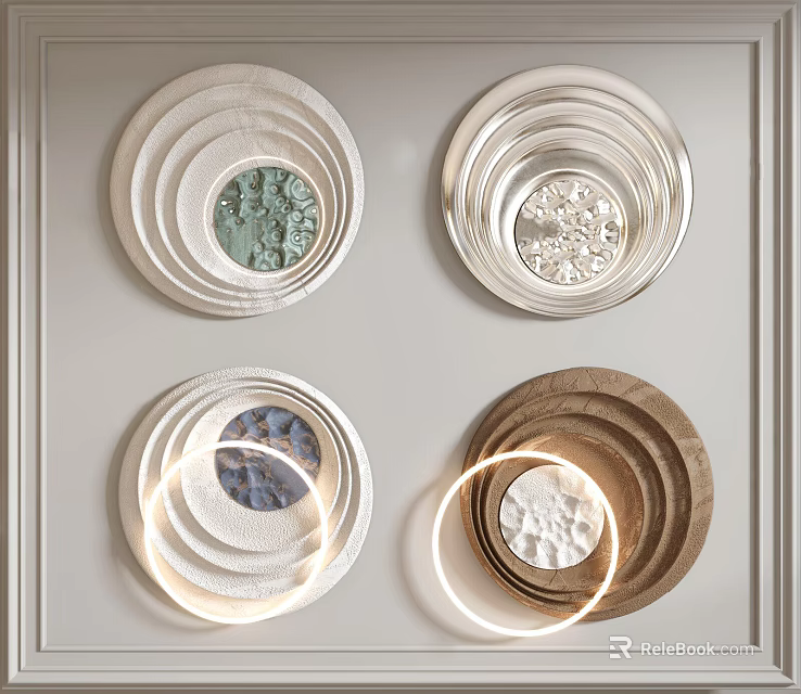 Modern Circular Layered Wall Decor with Textured Patterns and Various Materials 3d model