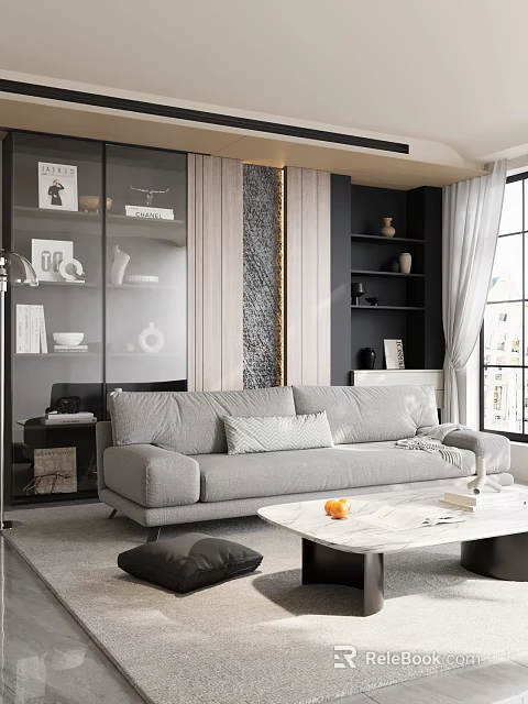 Elegant Modern Living Room Interior With Gray Sofa Marble Coffee Table And Glass Display Cabinet 3d model 