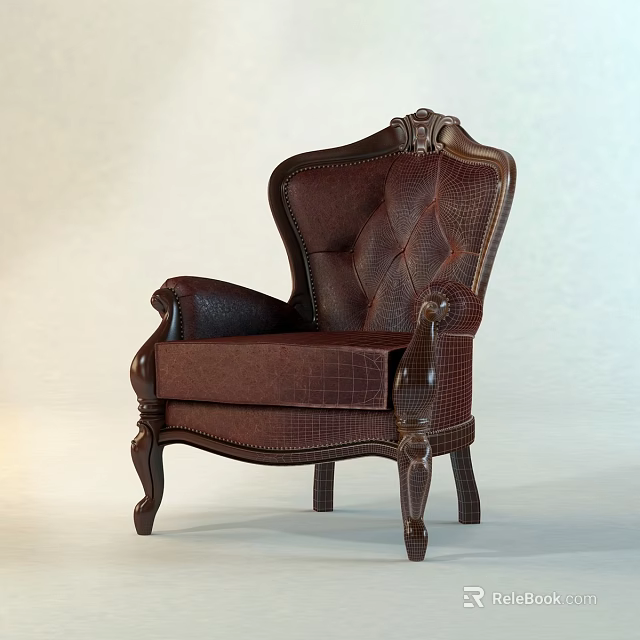 Vintage Single Sofa Design With Brown Leather Tufted Back And Carved Wooden Arms 3d model 