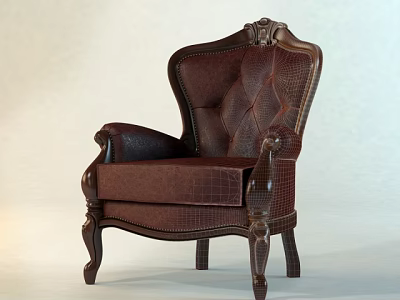 Vintage Single Sofa Design With Brown Leather Tufted Back And Carved Wooden Arms 3d model
