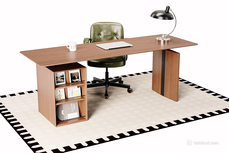 Desk With Green Leather Chair White Mug Open Notebook Black Lamp And Black White Rug 3d model 