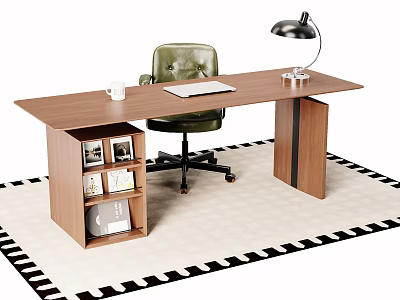 Desk With Green Leather Chair White Mug Open Notebook Black Lamp And Black White Rug 3d model