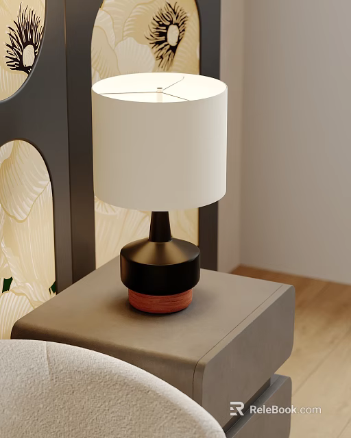 Modern Minimalist Table Lamp With White Lampshade And Black Red Accent Base On Bedside Table 3d model 