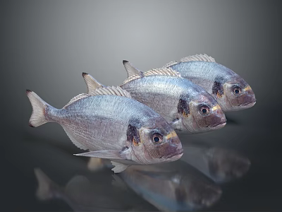 Three Fresh Silver Fish Arranged In A Row On Dark Surface With Shiny Reflection 3d model