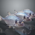 Three Fresh Silver Fish Arranged In A Row On Dark Surface With Shiny Reflection