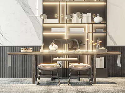 Modern Tea Room Interior Design With Illuminated Shelves And Wooden Furniture 3d model