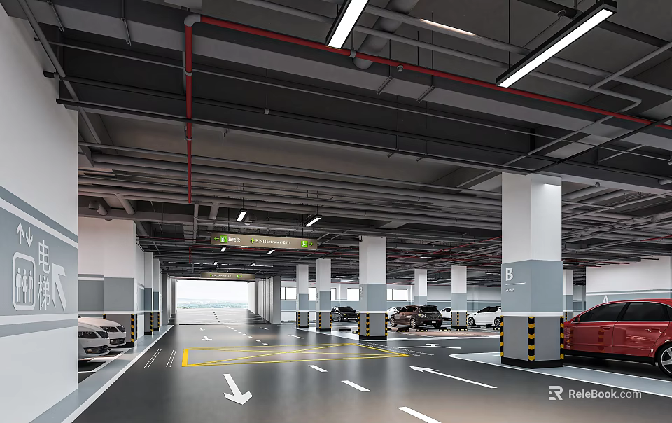 Spacious Parking Garage Interior With Parked Vehicles White Columns Yellow Parking Lines And Directional Arrows 3d model 