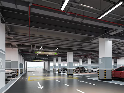 Spacious Parking Garage Interior With Parked Vehicles White Columns Yellow Parking Lines And Directional Arrows 3d model
