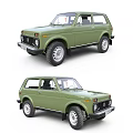 Vintage Green Off Road Vehicle With Rugged Design And Large Tires Showcased In Multiple Angles