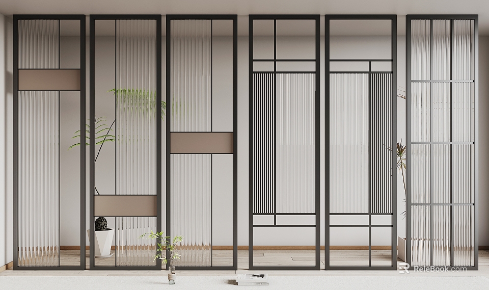 Modern Room Dividers With Sleek Black Metal Frames And Linear Patterns In Interior Space 3d model 