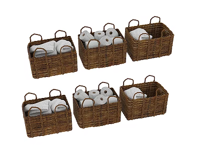 White Rolled Towels in Brown Wicker Baskets with Handles for Organized Storage 3d model