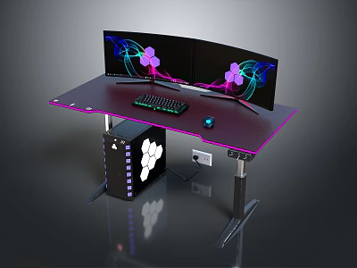 Modern Gaming Desk Setup With Triple Curved Monitors RGB Lighting Mechanical Keyboard And Mouse 3d model
