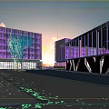 Modern Sales Office Building With Glass Curtain Walls And Water Pool Surroundings