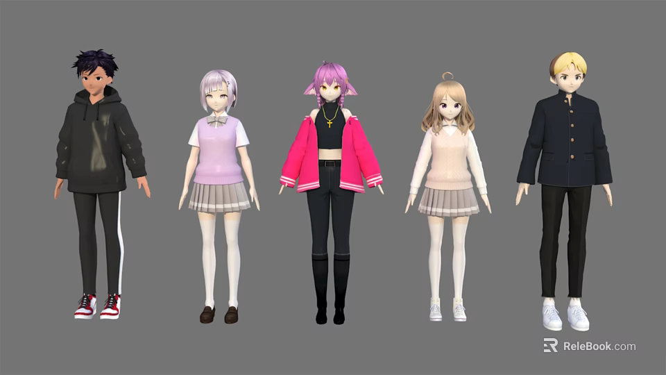 Anime Style 3D Characters With Different Outfits And Various Hairstyles 3d model 