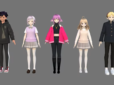 Anime Style 3D Characters With Different Outfits And Various Hairstyles 3d model