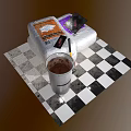 White Containers With Orange Purple Labels Metal Bucket And Tools On Checkered Surface
