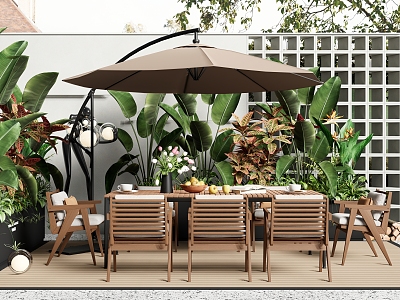 Outdoor Table and Chair Combination Courtyard Leisure Table and Chair Plant Combination Sunshade 3d model