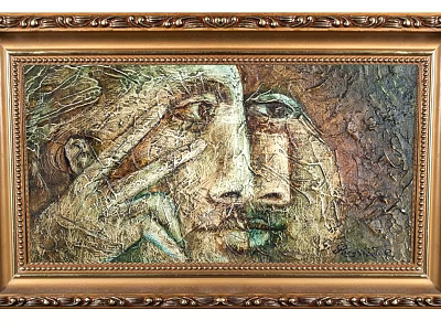 Abstract Figurative Artwork in Golden Ornate Frame with Textured Dual Human Faces and Green Brown Hues 3d model