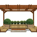 Wooden Pergola With Outdoor Sofa Seating And Green Plant In Leisure Area