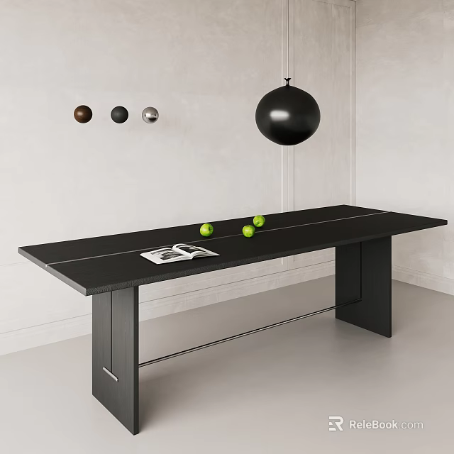 Black Dining Table With Green Apples And Magazine On White Wall Circular Decor Pendant Light 3d model