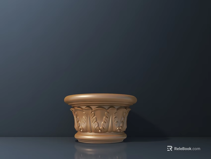 Brown Decorative Carved Pedestal with Intricate Leaf Patterns on Dark Background 3d model 