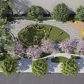 Scenic Urban Park Landscape With Cherry Trees Green Lawns Curved Paths And White Buildings