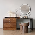 Stylish Wooden Dressing Table With Round Mirror Table Lamp Decorative Items And Stool 3d model