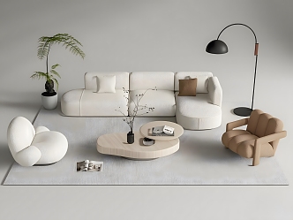 Cream Sofa Coffee Table Combination Multi-person Sofa Single Sofa Floor Lamp Potted Plant 3d model