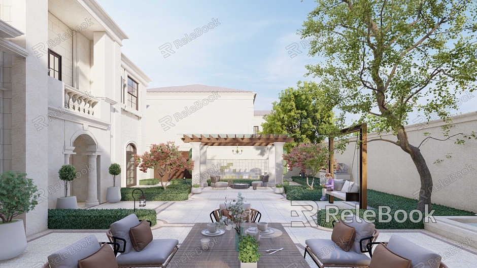 French Courtyard Courtyard Landscape Glass Wall Corridor Rack Outdoor Dining Table Tennis Table Landscape Wall model