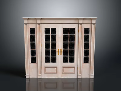 Elegant Double Door Entrance With Glass Panes Golden Handles And Light Colored Frame 3d model