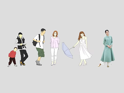Diverse Group of People Including Children in Various Outfits Walking Together 3d model