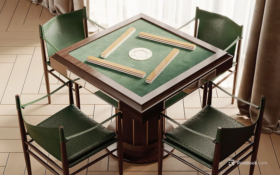 Modern Square Entertainment Table with Green Surface Mahjong Tiles and Four Green Chairs 3d model 
