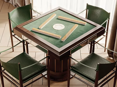 Modern Square Entertainment Table with Green Surface Mahjong Tiles and Four Green Chairs 3d model