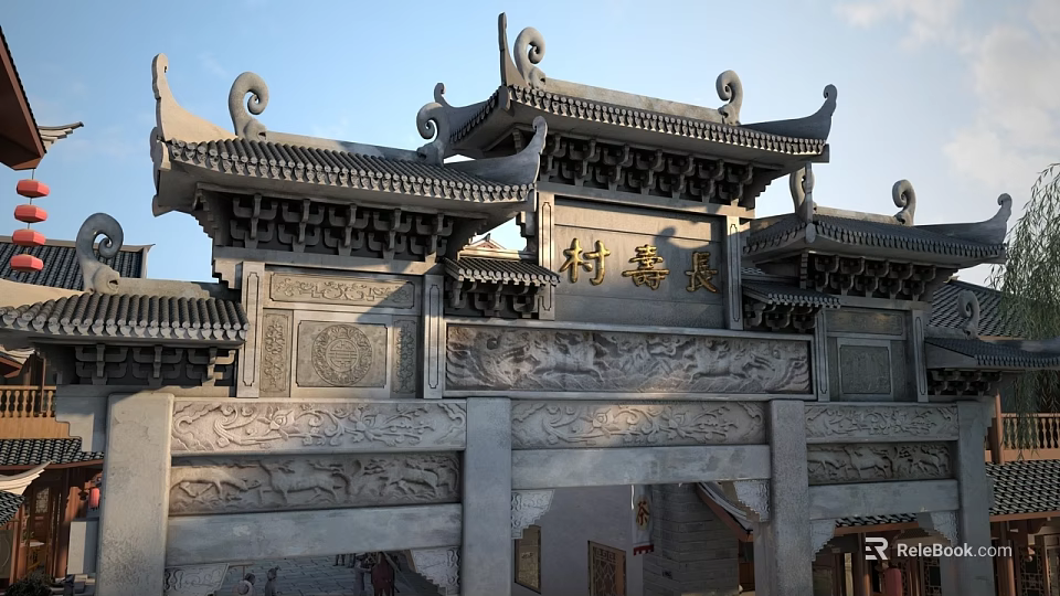 Traditional Chinese Village Archway With Ornate Carvings And Classic Curved Roofs 3d model 