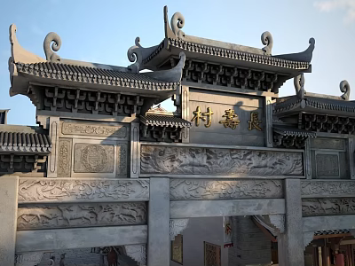 Traditional Chinese Village Archway With Ornate Carvings And Classic Curved Roofs 3d model