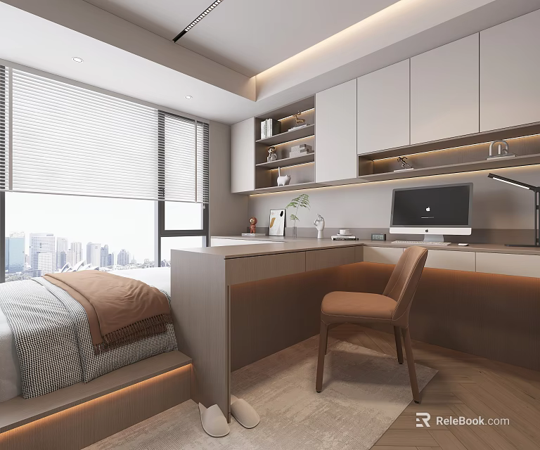 Modern Tatami Bedroom Interior With Desk Computer Bookshelves And City View 3d model 