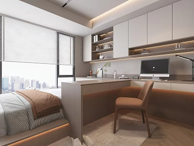 Modern Tatami Bedroom Interior With Desk Computer Bookshelves And City View 3d model