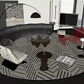 Black Curved Sofa And Glass Coffee Table Set With Geometric Pattern Rug And Floor Lamp
