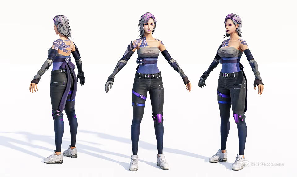 Game and Movie Character With Purple Gray Hair Long Sleeves Tight Pants and Tattoos 3d model 
