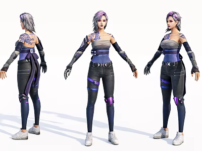 Game and Movie Character With Purple Gray Hair Long Sleeves Tight Pants and Tattoos 3d model