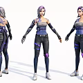 Game and Movie Character With Purple Gray Hair Long Sleeves Tight Pants and Tattoos