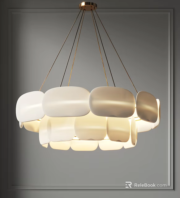 Modern Chandelier With Multiple White Cream Shades And Metal Suspension Wires 3d model 