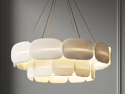 Modern Chandelier With Multiple White Cream Shades And Metal Suspension Wires 3d model