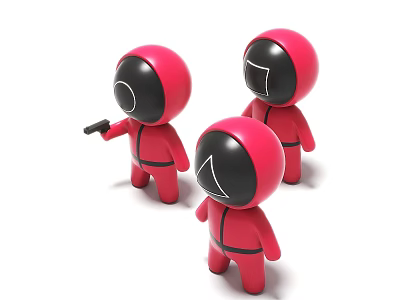 Three Red Dolls With Black Heads One Holding Gun And Different Head Symbols 3d model