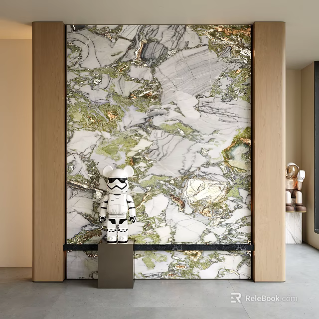 Elegant Modern Luxury Marble Wall With Green Gold Veins And Wooden Frame 3d model 