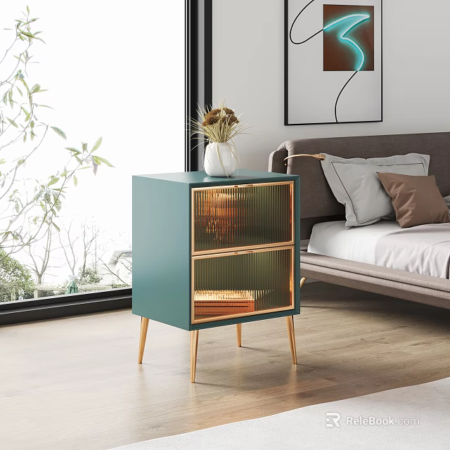 Teal Nightstand with Gold Accents Glass Doors in Modern Bedroom with Pillows Plant by Window 3d model 
